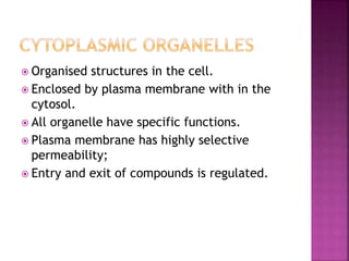  Organised structures in the cell.
 Enclosed by plasma membrane with in the
cytosol.
 All organelle have specific functions.
 Plasma membrane has highly selective
permeability;
 Entry and exit of compounds is regulated.
 