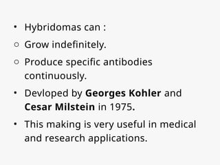 • Hybridomas can :
o Grow indefinitely.
o Produce specific antibodies
continuously.
• Devloped by Georges Kohler and
Cesar Milstein in 1975.
• This making is very useful in medical
and research applications.
 