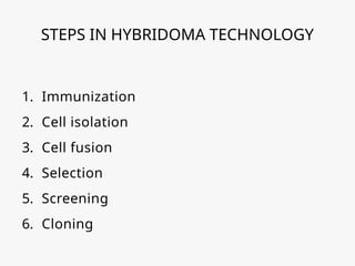 STEPS IN HYBRIDOMA TECHNOLOGY
1. Immunization
2. Cell isolation
3. Cell fusion
4. Selection
5. Screening
6. Cloning
 