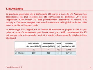 Marek Ziolkowski A-2013 9
LTE Advanced
La prochaine génération de la technologie LTE porte le nom de LTE Advanced. Ses
spécifications les plus récentes ont été normalisées au printemps 2011 sous
l’appellation 3GPP version 10. Elles perfectionnent notamment le recours à la
technique d’antennes multiples pour accroître encore le débit global sur le lien radio
entre le mobile et l’antenne relais.
La technologie LTE s'appuie sur un réseau de transport de paquet IP. Elle n’a pas
prévu de mode d'acheminement pour la voix, autre que la VoIP, contrairement à la 3G
qui transporte la voix en mode circuit (à la manière des réseaux de téléphonie fixes
classiques).
 