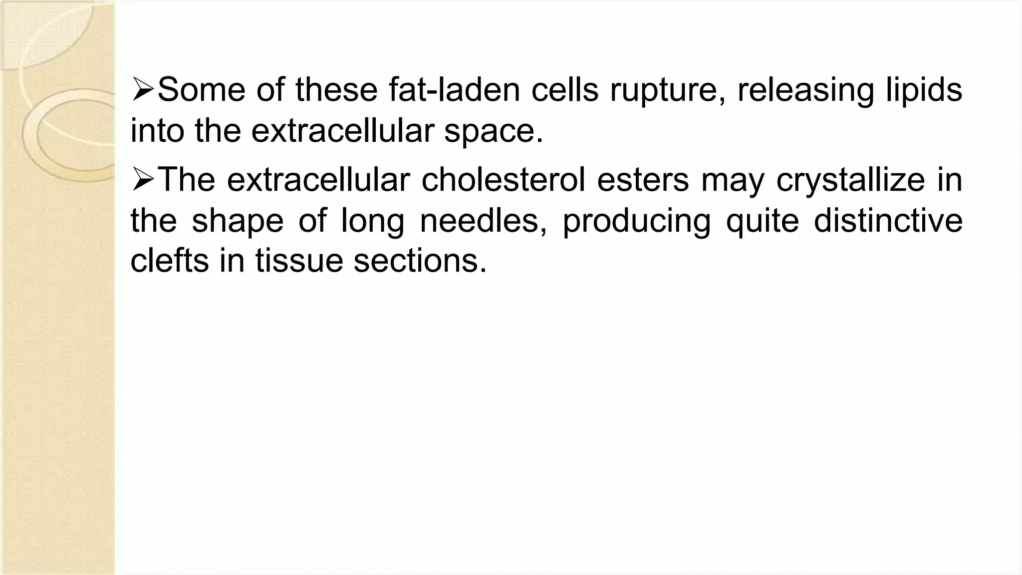 Some of these fat-laden cells rupture, releasing lipids
into the extracellular space.
The extracellular cholesterol esters may crystallize in
the shape of long needles, producing quite distinctive
clefts in tissue sections.
 