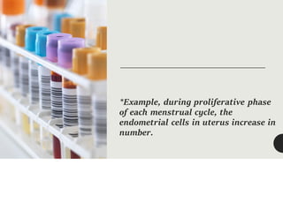 *Example, during proliferative phase
of each menstrual cycle, the
endometrial cells in uterus increase in
number.
 