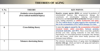 THEORIES OF AGING
S. No. THEORY KEY POINTS
5 Oxidative stress hypothesis
(Free radical-mediated injury)
Reactive oxygen species (ROS) are normal by-products of
mitochondrial function that progressively damage the
constituents of mitochondria, inducing mitochondrial
dysfunction and increased ROS production through a vicious
cycle, leading ultimately to cellular dysfunction and aging.
The free radical theory of aging suggests that organisms age
due to the accumulation of free radical damage over time.
6 Cross-linking theory It states that aging is caused by the accumulation of harmful
chemical bonds, called cross-links, between proteins,
structural molecules, and DNA. These cross-links gradually
develop over time, causing molecules to lose their basic
functionality. As cross-linked proteins accumulate, they damage
cells and tissues, which slows down bodily processes and
increases tissue stiffness.
7 Telomere shortening theory The telomere shortening theory of aging states that telomeres
shorten with age, which can lead to cell aging and replicative
senescence of somatic cells.
 
