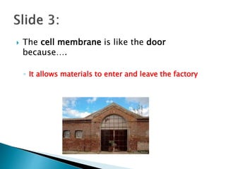  The cell membrane is like the door
because….
◦ It allows materials to enter and leave the factory
 