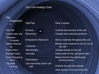 City- Cell Analogy Chart



City
    Organizatio
    n               Cell Part                   How it works

City Hall           Nucleus                     Controls the activities of the cell
Construction site   Ribosomes                   Creates new materials (proteins)
Transport
   Company          Endoplasmic Reticulum       Moves materials throughout the cell
Waste Disposal                                  Breaks down material to move it out of
  Co                Lysosome                       the cell
Power Plant         Mitochondria                Creates energy for the cell
Storage Tanks       Vacuoles                    Holds water for the cell (plant cells)
Food Processing                                 Makes food for the cell through
   Plant            Chloroplasts                   photosynthesis
City Wall/          Cell membrane and/or cell
    Fencing             wall                    Protects the cell and controls
                                                what comes in and out of the cell
 