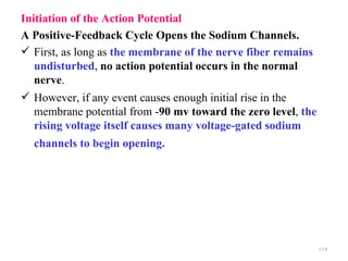 Initiation of the Action Potential
A Positive-Feedback Cycle Opens the Sodium Channels.
 First, as long as the membrane of the nerve fiber remains
   undisturbed, no action potential occurs in the normal
   nerve.
 However, if any event causes enough initial rise in the
   membrane potential from -90 mv toward the zero level, the
   rising voltage itself causes many voltage-gated sodium
  channels to begin opening.




                                                               119
 