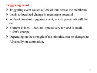 Triggering event
 Triggering event causes a flow of ions across the membrane
 Leads to localized change in membrane potential
 Without constant triggering event, graded potentials will die
  out
 Current is local – does not spread very far; and is small,
  <10mV change
 Depending on the strength of the stimulus, can be changed to
  AP usually on summation.




                                                                  130
 