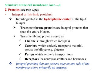 Structure of the cell membrane cont….d
2. Proteins: are two types
•    Integral or intrinsic proteins:
     Interdingitated in the hydrophobic center of the lipid
         bilayer
       Transmembrane proteins are integral proteins that
             span the entire bilayer.
       Transmembrane proteins serve as:
            Channels through which ions pass
            Carriers which actively transports material.
                across the bilayer e.g. glucose
            Pumps which actively transport ions
            Receptors for neurotransmitters and hormones
     Integral proteins that are present only on one side of the
         membrane, serve primarily as enzymes.
                                                                   23
 