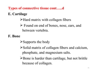 Types of connective tissue cont…..d
E. Cartilage
       Hard matrix with collagen fibers
        Found on end of bones, nose, ears, and
        between vertebra.
F. Bone
       Supports the body
       Solid matrix of collagen fibers and calcium,
        phosphate, and magnesium salts.
       Bone is harder than cartilage, but not brittle
        because of collagen.
                                                         51
 
