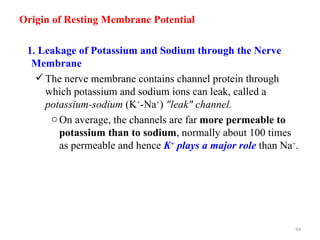 Origin of Resting Membrane Potential

 1. Leakage of Potassium and Sodium through the Nerve
  Membrane
    The nerve membrane contains channel protein through
     which potassium and sodium ions can leak, called a
     potassium-sodium (K+-Na+) "leak" channel.
      o On average, the channels are far more permeable to
        potassium than to sodium, normally about 100 times
        as permeable and hence K+ plays a major role than Na+.




                                                             94
 