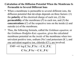 Calculation of the Diffusion Potential When the Membrane Is
  Permeable to Several Different Ions
• When a membrane is permeable to several different ions, the
  diffusion potential that develops depends on three factors: (1)
  the polarity of the electrical charge of each ion, (2) the
  permeability of the membrane (P) to each ion, and (3) the
  concentrations (C) of the respective ions on the inside (i) and
  outside (o) of the membrane.
• Thus, the following formula, called the Goldman equation, or
  the Goldman-Hodgkin-Katz equation, gives the calculated
  membrane potential on the inside of the membrane when two
  univalent positive ions, sodium (Na+) and potassium (K+), and
  one univalent negative ion, chloride (Cl-), are involved.
    EMF=-61 log C Na+i P Na+ + C K+i P K+
               C Na+o P Na+ + C K+o P K +
                                                                99
 