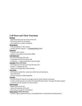 Cell Parts and Their Functions
Nucleus
- Large Oval body near the centre of the cell.
- The control centre for all activity.
- Surrounded by a nuclear membrane.
Nucleoplasm
- is the protoplasm in the nucleus.
- contains genetic material ---> CHROMOSOMES (DNA)
Nucleolus
- is found in the nucleus.
- contains more genetic information (RNA)
Cell Membrane
- the outer boundary of the cell.
- it separates the cell from other cells.
- it is porous ---> allows molecules to pass through.
Cell Wall ( Plant Cells Only )
- non living structure that surrounds the plant cell.
- protects + supports the cell.
- made up of a tough fibre called cellulose.
Cyto Plasm
- cell material outside the nucleus but within the cell membrane.
- clear thick fluid.
- contains structures called organelles.
Vacuoles
- are clear fluid sacs that act as storage areas for food, minerals, and waste.
- in plant cell the vacuoles are large and mostly filled with water. This gives the plant support.
- in animal cells the vacuoles are much smaller.
Mitochondria
- power house of the cell.
- centre of respiration of the cell.
- they release energy for cell functions.
Chloro Plasts ( Plant cells only )
- contains a green pigment known as chlorophyll which is important for photosynthesis.
 