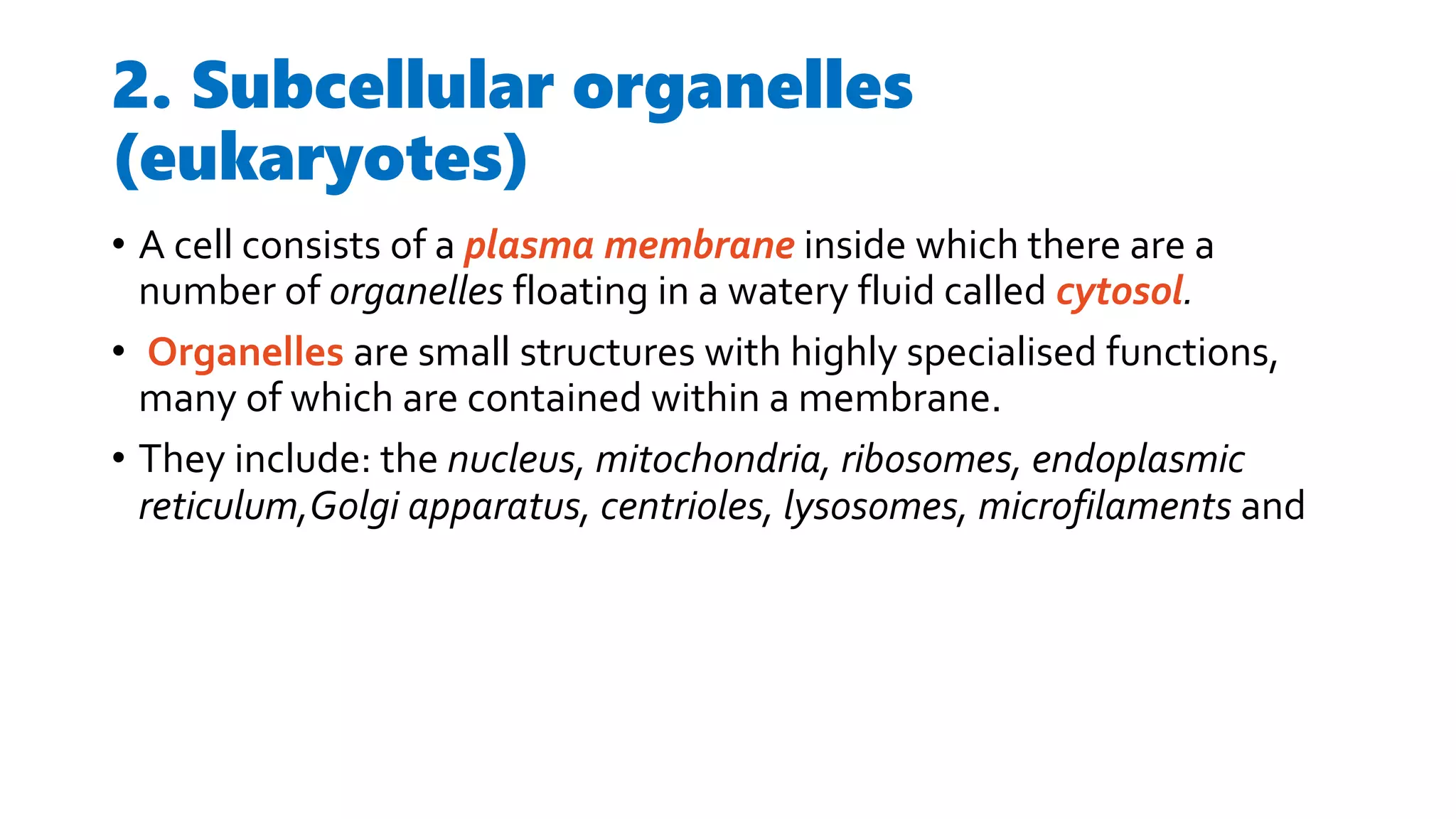 2. Subcellular organelles
(eukaryotes)
• A cell consists of a plasma membrane inside which there are a
number of organelles floating in a watery fluid called cytosol.
• Organelles are small structures with highly specialised functions,
many of which are contained within a membrane.
• They include: the nucleus, mitochondria, ribosomes, endoplasmic
reticulum,Golgi apparatus, centrioles, lysosomes, microfilaments and
 