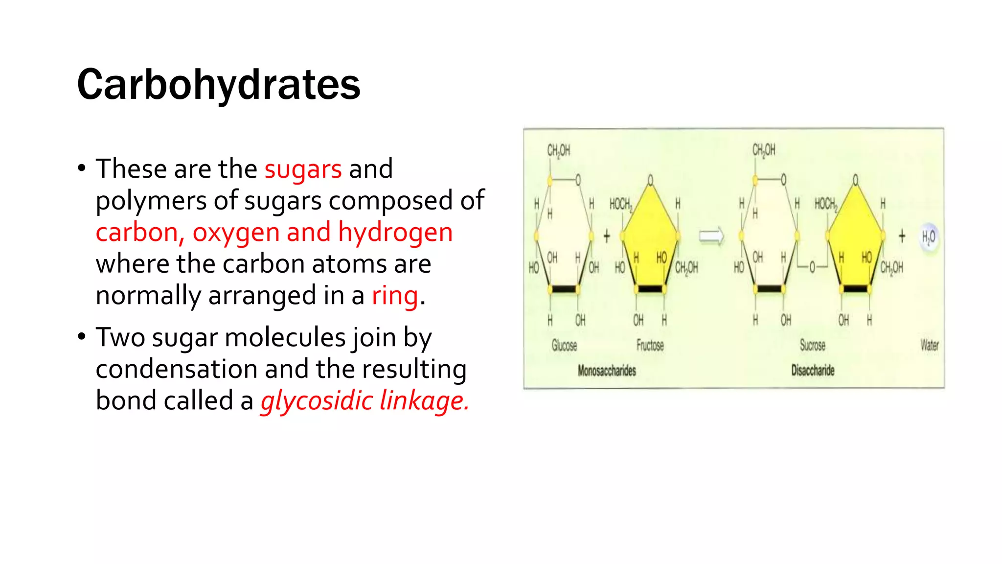 Carbohydrates
• These are the sugars and
polymers of sugars composed of
carbon, oxygen and hydrogen
where the carbon atoms are
normally arranged in a ring.
• Two sugar molecules join by
condensation and the resulting
bond called a glycosidic linkage.
 