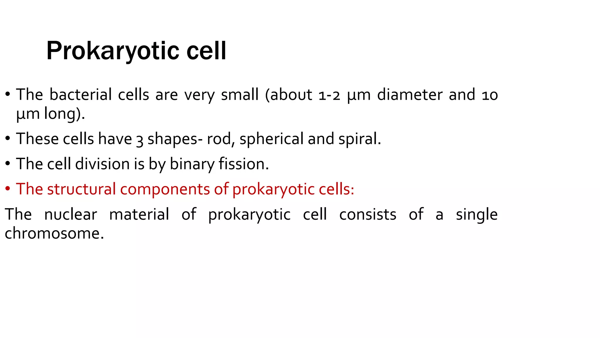 Prokaryotic cell
• The bacterial cells are very small (about 1-2 µm diameter and 10
µm long).
• These cells have 3 shapes- rod, spherical and spiral.
• The cell division is by binary fission.
• The structural components of prokaryotic cells:
The nuclear material of prokaryotic cell consists of a single
chromosome.
 