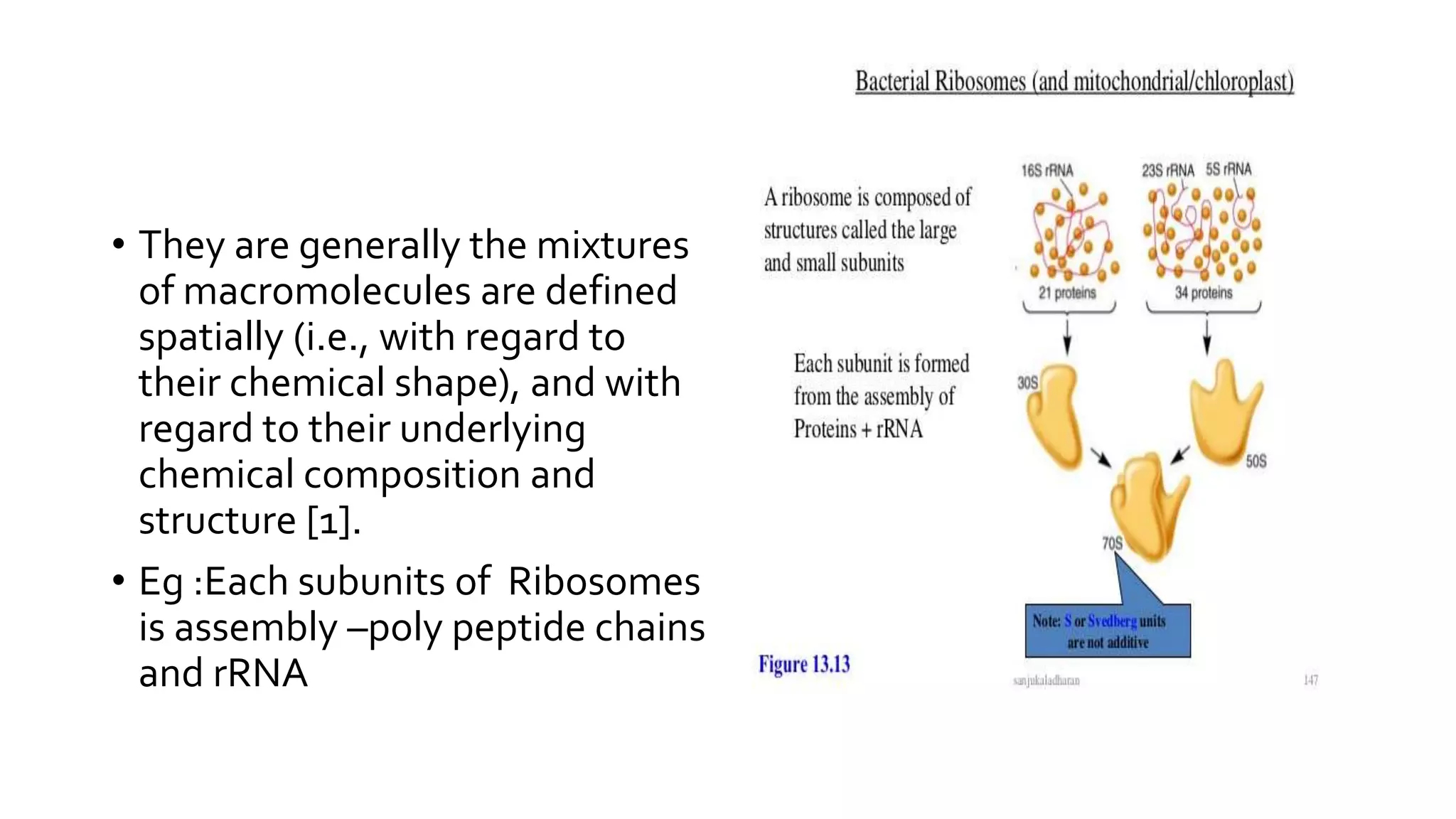 • They are generally the mixtures
of macromolecules are defined
spatially (i.e., with regard to
their chemical shape), and with
regard to their underlying
chemical composition and
structure [1].
• Eg :Each subunits of Ribosomes
is assembly –poly peptide chains
and rRNA
 