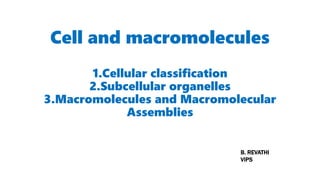 Cell and macromolecules
1.Cellular classification
2.Subcellular organelles
3.Macromolecules and Macromolecular
Assemblies
B. REVATHI
VIPS
 
