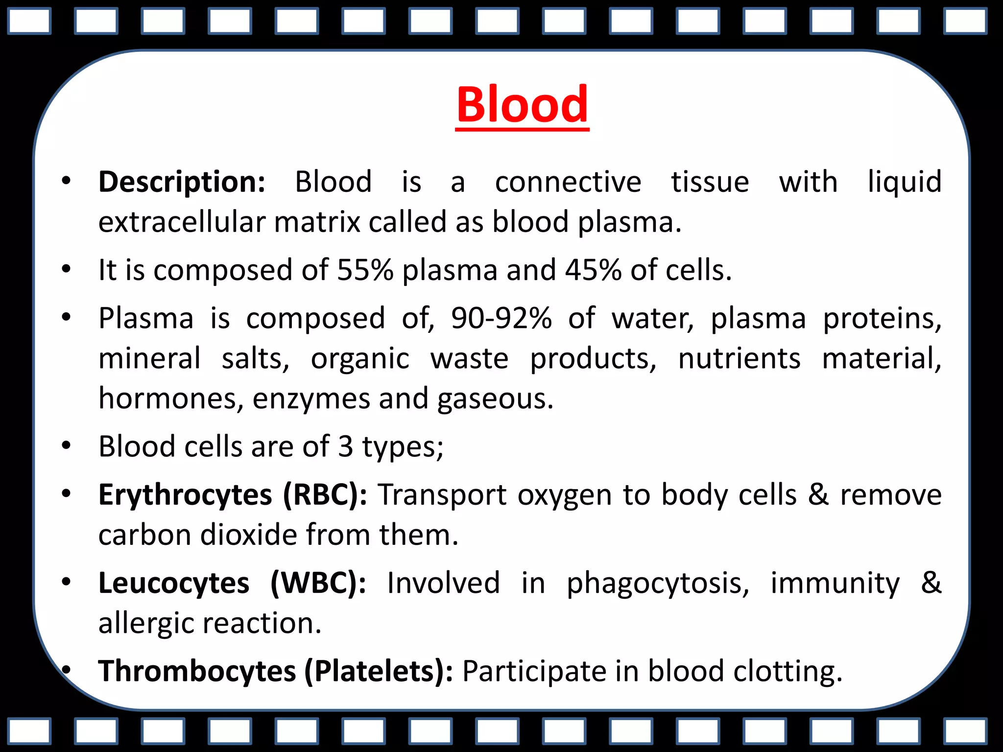 Blood
• Description: Blood is a connective tissue with liquid
extracellular matrix called as blood plasma.
• It is composed of 55% plasma and 45% of cells.
• Plasma is composed of, 90-92% of water, plasma proteins,
mineral salts, organic waste products, nutrients material,
hormones, enzymes and gaseous.
• Blood cells are of 3 types;
• Erythrocytes (RBC): Transport oxygen to body cells & remove
carbon dioxide from them.
• Leucocytes (WBC): Involved in phagocytosis, immunity &
allergic reaction.
• Thrombocytes (Platelets): Participate in blood clotting.
 