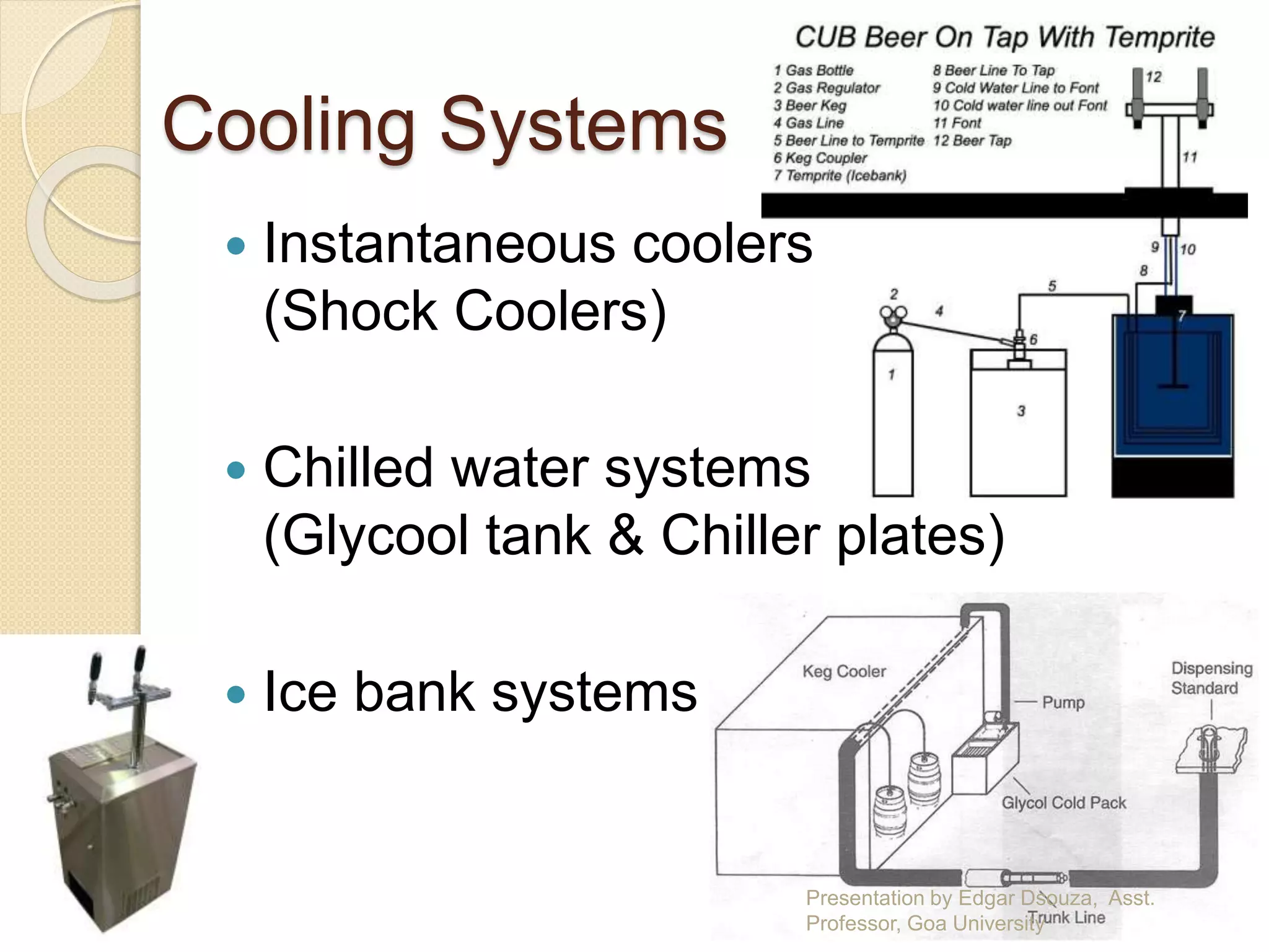 Cooling Systems 
 Instantaneous coolers 
(Shock Coolers) 
 Chilled water systems 
(Glycool tank & Chiller plates) 
 Ice bank systems 
Presentation by Edgar Dsouza, Asst. 
Professor, Goa University 
 