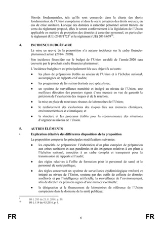 FR 6 FR
libertés fondamentales, tels qu’ils sont consacrés dans la charte des droits
fondamentaux de l’Union européenne et dans le socle européen des droits sociaux, en
cas de crise sanitaire. Lorsque des données à caractère personnel seront traitées en
vertu du règlement proposé, elles le seront conformément à la législation de l’Union
applicable en matière de protection des données à caractère personnel, en particulier
le règlement (UE) 2018/17259
et le règlement (UE) 2016/67910
.
4. INCIDENCE BUDGÉTAIRE
La mise en œuvre de la proposition n’a aucune incidence sur le cadre financier
pluriannuel actuel (2014‑ 2020).
Son incidence financière sur le budget de l’Union au-delà de l’année 2020 sera
couverte par le prochain cadre financier pluriannuel.
L’incidence budgétaire est principalement liée aux objectifs suivants:
● les plans de préparation établis au niveau de l’Union et à l’échelon national,
accompagnés de rapports et d’audits;
● les programmes de formation destinés aux spécialistes;
● un système de surveillance numérisé et intégré au niveau de l’Union, une
meilleure détection des premiers signes d’une menace en vue de garantir la
précision de l’évaluation des risques et de la réaction;
● la mise en place de nouveaux réseaux de laboratoires de l’Union;
● le renforcement des évaluations des risques liés aux menaces chimiques,
environnementales et climatiques; et
● la structure et les processus établis pour la reconnaissance des situations
d’urgence au niveau de l’Union.
5. AUTRES ÉLÉMENTS
• Explication détaillée des différentes dispositions de la proposition
La proposition comporte les principales modifications suivantes:
● les capacités de préparation: l’élaboration d’un plan européen de préparation
aux crises sanitaires et aux pandémies et des exigences relatives à ces plans à
l’échelon national, associées à un cadre complet et transparent pour la
transmission de rapports et l’audit;
● des règles relatives à l’offre de formation pour le personnel de santé et le
personnel de santé publique;
● des règles concernant un système de surveillance épidémiologique renforcé et
intégré au niveau de l’Union, soutenu par des outils de collecte de données
améliorés et par l’intelligence artificielle, la surveillance de l’environnement,
afin de déceler les premiers signes d’une menace éventuelle;
● la désignation et le financement de laboratoires de référence de l’Union
européenne dans le domaine de la santé publique;
9
JO L 295 du 21.11.2018, p. 39.
10
JO L 119 du 4.5.2016, p. 1.
 