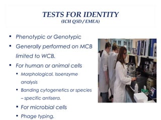 TESTS FOR IDENTITY
                           (ICH Q5D / EMEA)


 Phenotypic or Genotypic
 Generally performed on MCB
  limited to WCB.
 For human or animal cells
   Morphological, Isoenzyme
    analysis
   Banding cytogenetics or species
    – specific antisera.

   For microbial cells
   Phage typing.
 