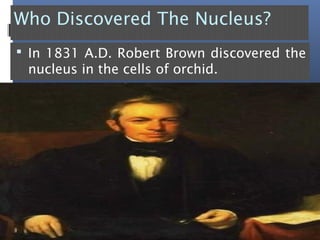 Who Discovered The Nucleus?
 In 1831 A.D. Robert Brown discovered the
nucleus in the cells of orchid.
 