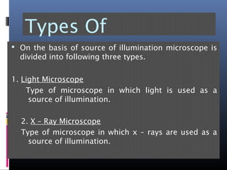 Types Of
Microscope On the basis of source of illumination microscope is
divided into following three types.
1. Light Microscope
Type of microscope in which light is used as a
source of illumination.
2. X – Ray Microscope
Type of microscope in which x – rays are used as a
source of illumination.
 