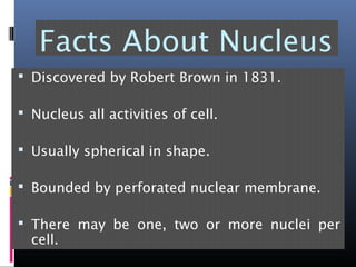 Facts About Nucleus
 Discovered by Robert Brown in 1831.
 Nucleus all activities of cell.
 Usually spherical in shape.
 Bounded by perforated nuclear membrane.
 There may be one, two or more nuclei per
cell.
 