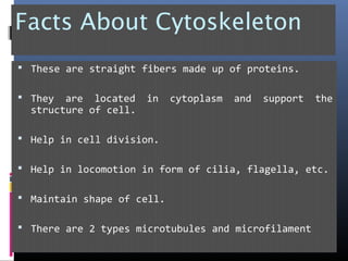 Facts About Cytoskeleton
 These are straight fibers made up of proteins.
 They are located in cytoplasm and support the
structure of cell.
 Help in cell division.
 Help in locomotion in form of cilia, flagella, etc.
 Maintain shape of cell.
 There are 2 types microtubules and microfilament
 
