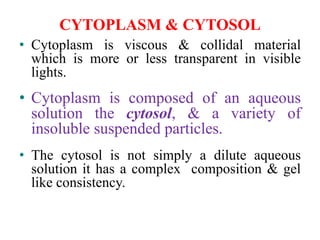 CYTOPLASM & CYTOSOL
• Cytoplasm is viscous & collidal material
which is more or less transparent in visible
lights.
• Cytoplasm is composed of an aqueous
solution the cytosol, & a variety of
insoluble suspended particles.
• The cytosol is not simply a dilute aqueous
solution it has a complex composition & gel
like consistency.
 