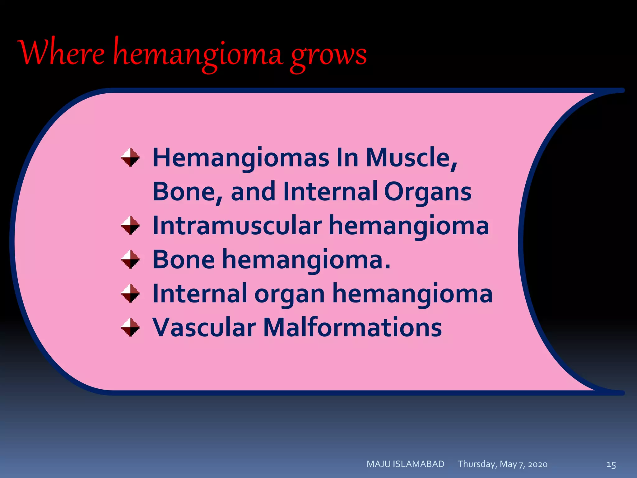 Thursday, May 7, 2020MAJU ISLAMABAD 15
Where hemangioma grows
Hemangiomas In Muscle,
Bone, and Internal Organs
Intramuscular hemangioma
Bone hemangioma.
Internal organ hemangioma
Vascular Malformations
 