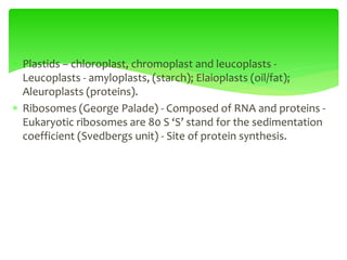  Plastids – chloroplast, chromoplast and leucoplasts -
Leucoplasts - amyloplasts, (starch); Elaioplasts (oil/fat);
Aleuroplasts (proteins).
 Ribosomes (George Palade) - Composed of RNA and proteins -
Eukaryotic ribosomes are 80 S ‘S’ stand for the sedimentation
coefficient (Svedbergs unit) - Site of protein synthesis.
 
