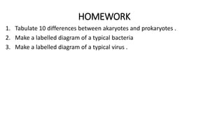 HOMEWORK
1. Tabulate 10 differences between akaryotes and prokaryotes .
2. Make a labelled diagram of a typical bacteria
3. Make a labelled diagram of a typical virus .
 