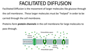 FACILITATED DIFFUSION
Facilitated Diffusion is the movement of larger molecules like glucose through
the cell membrane . These larger molecules must be “helped” in order to be
carried through the cell membrane.
Proteins form protein channels in the cell membrane for large molecules to
pass through.
 