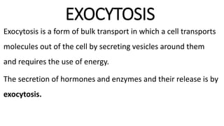 EXOCYTOSIS
Exocytosis is a form of bulk transport in which a cell transports
molecules out of the cell by secreting vesicles around them
and requires the use of energy.
The secretion of hormones and enzymes and their release is by
exocytosis.
 