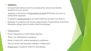 ❑ Apoptosis :
✓ In human body billions of cell were produced (by mitosis) and died (by
apoptosis) at every second.
✓ Apoptosis is the process of programmed cell death (PCD) that may occur in
multicellular organisms.
✓ In apoptosis suicide program is activated within the cell and it may leads to,
✓ Shrinkage of cytoplasm/cell, Nucleus fragmentation, Fragmentation of the DNA,
Membrane changes and cell death without lysis/damage.
➢ Characteristics :
➢ Occurs frequently in a multicellular organism.
➢ There is no inflammation in apoptosis
➢ Death of single cell, without damaging its neighbours.
➢ The cell shrinks and chromatin undergoes condensation.
➢ Phagocytosis of apoptotic bodies by macrophages.
 