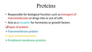 Proteins
• Responsible for biological function such as transport of
macromolecules or drugs into or out of cells
• Acts as a receptor for hormones or growth factors
Types of protein
Transmembrane protein
Lipid anchored protein
Peripheral membrane proteins
 