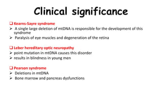 Clinical significance
 Kearns-Sayre syndrome
 A single large deletion of mtDNA is responsible for the development of this
syndrome
 Paralysis of eye muscles and degeneration of the retina
 Leber hereditary optic neuropathy
 point mutation in mtDNA causes this disorder
 results in blindness in young men
 Pearson syndrome
 Deletions in mtDNA
 Bone marrow and pancreas dysfunctions
 
