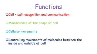 Functions
Cell – cell recognition and communication
Maintenance of the shape of cell
Cellular movements
Controlling movements of molecules between the
inside and outside of cell
 