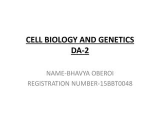 CELL BIOLOGY AND GENETICS
DA-2
NAME-BHAVYA OBEROI
REGISTRATION NUMBER-15BBT0048
 