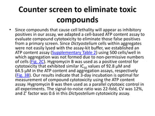 Counter screen to eliminate toxic
compounds
• Since compounds that cause cell lethality will appear as inhibitory
positives in our assay, we adapted a cell-based ATP content assay to
evaluate compound cytotoxicity to eliminate those false positives
from a primary screen. Since Dictyostelium cells within aggregates
were not easily lysed with the assay-kit buffer, we established an
ATP content assay (Supplementary Table 2) using 500 cells/well in
which aggregation was not formed due to non-permissive numbers
of cells (Fig. 2C). Hygromycin B was used as a positive control for
cytotoxicity that exhibited similar IC50 values of 92.8 μM and
64.5 μM in the ATP content and aggregation assays, respectively
(Fig. 3B). Our results indicate that 3-day incubation is optimal for
measurement of compound cytotoxicity using the ATP content
assay. Hygromycin B was then used as a parallel cytotoxic control in
all experiments. The signal-to-noise ratio was 22-fold, CV was 12%,
and Z’ factor was 0.6 in this Dictyostelium cytotoxicity assay.
 