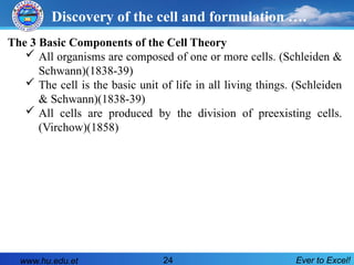 Ever to Excel!
24
The 3 Basic Components of the Cell Theory
 All organisms are composed of one or more cells. (Schleiden &
Schwann)(1838-39)
 The cell is the basic unit of life in all living things. (Schleiden
& Schwann)(1838-39)
 All cells are produced by the division of preexisting cells.
(Virchow)(1858)
Discovery of the cell and formulation ….
www.hu.edu.et
 