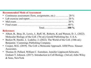 Recommended Mode of Assessment
• Continuous assessment (Tests, assignments, etc.) …………… 20 %
• Lab exercise and report………………………………………. 20 %
• Mid exam…………………………………………………….. 20 %
• Final exam ……………………………………………………40 %
Total……………………….100 %
References
• Albert, B., Bray, D., Lewis, J., Raff, M., Roberts, K and Watson, D. J., (2022).
Molecular Biology of the Cell. (7ht ed.) Gerald Publishing Inc. U.S.A.
• Becker.W, Hardin. J, Lodolxe. J. (2022). The World of the Cell. (10th ed.)
Benjamin / Cummings Publishing Company.
• Cooper, M.G. (2019). The Cell: a Molecular Approach. ASM Press. Sinauer
Associates.
• Thomas D. Pollard, William C. Earnshaw, Jennifer Lippincott-Schwartz,
Graham T. Johnson. (2017). Introduction to Cell Biology. (3rd ed.) John Wiley
& Sons, NewYork
 