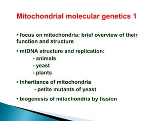 Mitochondrial molecular genetics 1
• focus on mitochondria: brief overview of their
function and structure
• mtDNA structure and replication:
- animals
- yeast
- plants
• inheritance of mitochondria
- petite mutants of yeast
• biogenesis of mitochondria by fission
 