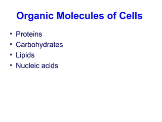 Organic Molecules of Cells
• Proteins
• Carbohydrates
• Lipids
• Nucleic acids
 