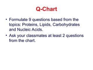Q-Chart
• Formulate 9 questions based from the
topics: Proteins, Lipids, Carbohydrates
and Nucleic Acids.
• Ask your classmates at least 2 questions
from the chart.
 
