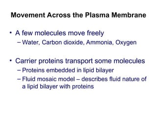 Movement Across the Plasma Membrane
• A few molecules move freely
– Water, Carbon dioxide, Ammonia, Oxygen
• Carrier proteins transport some molecules
– Proteins embedded in lipid bilayer
– Fluid mosaic model – describes fluid nature of
a lipid bilayer with proteins
 