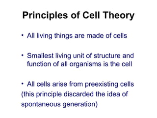 Principles of Cell Theory
• All living things are made of cells
• Smallest living unit of structure and
function of all organisms is the cell
• All cells arise from preexisting cells
(this principle discarded the idea of
spontaneous generation)
 