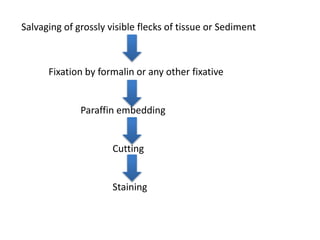 Salvaging of grossly visible flecks of tissue or Sediment
Fixation by formalin or any other fixative
Paraffin embedding
Cutting
Staining
 