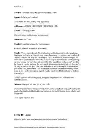 Cell Block 33                                                                         31


Newbie 1: PUNCH HER! WHAT YOU WAITING FOR!

Inmate 3:Carla you’re a liar!

All inmates are now getting very aggressive.

All Inmates: PUNCH HER! PUNCH HER! PUNCH HER!

Nicole: (Stands Up)STOP!

Everyone stops suddenly and turns around.

Inmate 1:SHUT UP!

Nicole:Oi just listen to me for two minutes.

Cash:Go on then, this better be worth it.

Nicole: (Takes a deep breath)How is beating up Carla, going to solve anything.
Don’t you realise by acting this way you’re becoming everything that you hated
about Carla and the way she treated you. Carla was only as petrified as you all
were when you first came here. We all made stupid mistakes and tried covering
up how scared we were by putting on this fake shield that truly doesn’t need to
be there. If you lot feel that the onlyway left is to stoop to Carla’s level, then we’re
all only as bad as her. Just take a second to think about who you all werebefore
you came here, I know that I for one have become so different from the person I
used to be. I barley recognise myself. Maybe we all need to look hard to find our
true selves.

There’s a silence within the group, everyone is left speechless. WATSON and
CHANDRA enter.

Watson:Okay you lot; now get to your cells.

Everyone goes without a single word; NICOLE and CARLA exit last, each looking at
each other in disbelief.CARLA is now shown in her cell thinking about what’s just
happened.

Then lights begin to dim.




Scene 10 – Rajan
Chandra walks past inmates who are standing around and talking.



Edited By George Streather (Director) and Nazish Hussain (Assistant Director)
 